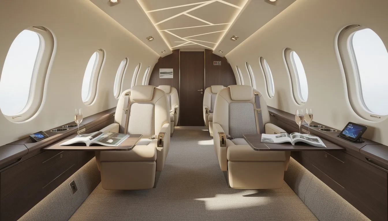 The image showcases a luxurious private jet cabin designed for maximum comfort and productivity, featuring plush seating, a forward galley, and advanced avionics such as a dual head-up display. The elegant interior emphasizes business aviation with ample power outlets and a spacious grand suite, ideal for long hauls and ensuring a smooth flight experience.
