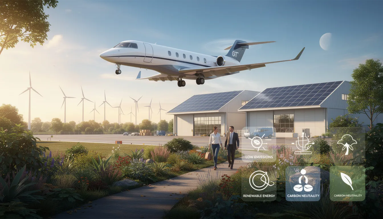 The image showcases a luxurious private jet interior designed for sustainability in business aviation, featuring advanced technologies like a dual head-up display and enhanced vision system. The spacious cabin includes a grand suite, power outlets, and a forward galley, emphasizing comfort and efficiency for long hauls while maintaining a focus on safety and environmental responsibility.