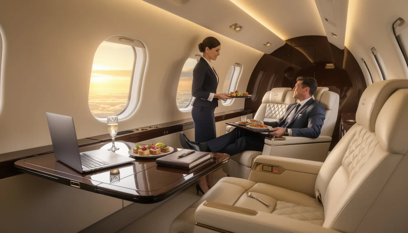 The image showcases an elegant interior of a private jet, emphasizing the luxurious onboard experience with plush seating and sophisticated amenities. This setting highlights the personalized travel experience that comes with private aviation, making it ideal for empty leg flights or charter flights to explore breathtaking air tours.