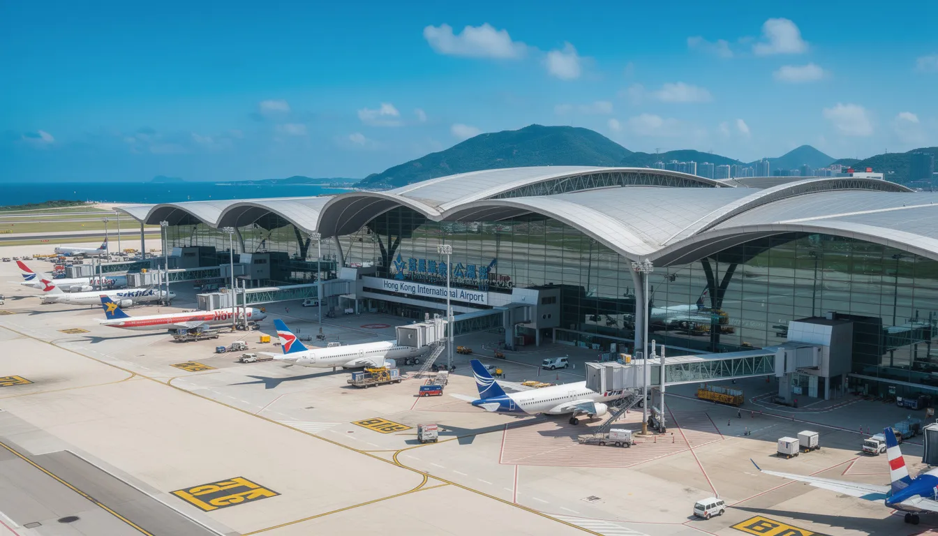 The image depicts Hong Kong International Airport (HKG), a bustling hub known for its modern architecture and extensive facilities. Travelers can access private jet charter services here, making it a key point for luxury flights to and from Asia's world city, Hong Kong.