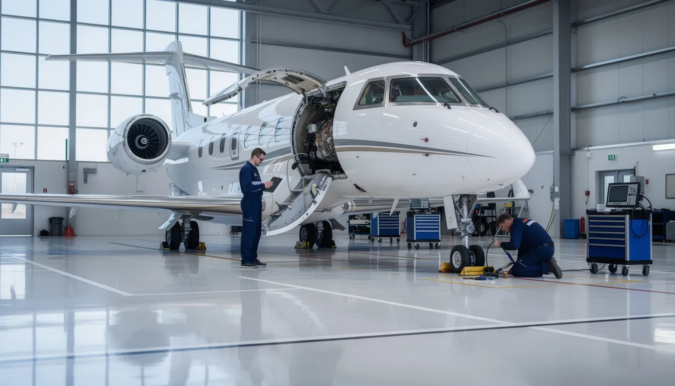 The image depicts a private jet undergoing maintenance in a hangar, showcasing the importance of rigorous maintenance for aircraft ownership. It highlights the operational costs associated with maintaining affordable aircraft, ensuring they remain in flyable condition for both new pilots and seasoned aviators.
