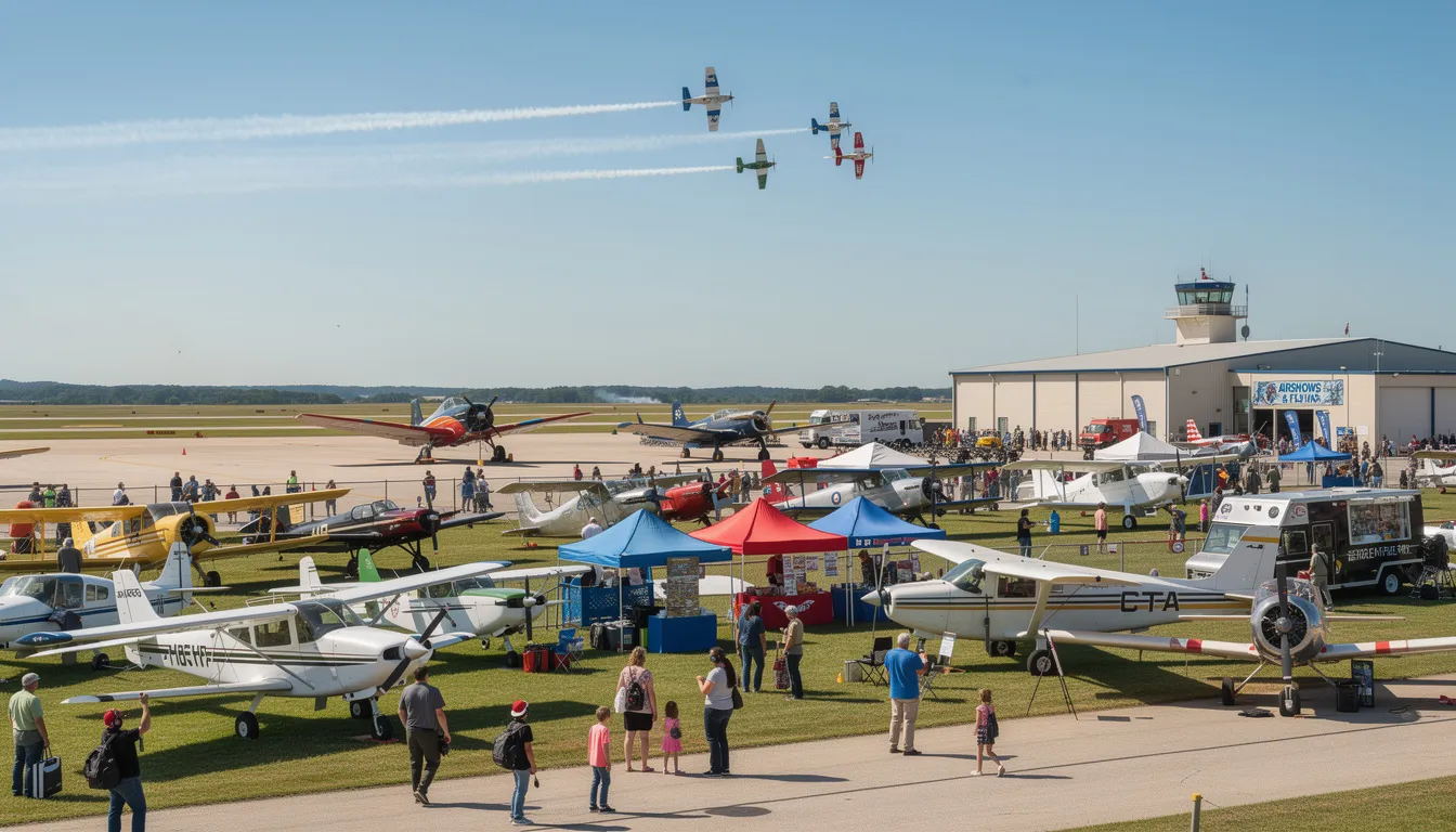 The image captures a vibrant airshow scene with various aircraft performing aerial maneuvers, showcasing both newer models and older planes like the Piper PA and Beechcraft Skipper. Spectators enjoy the excitement of flight, while the planes demonstrate their responsive controls and short field performance against a clear blue sky.
