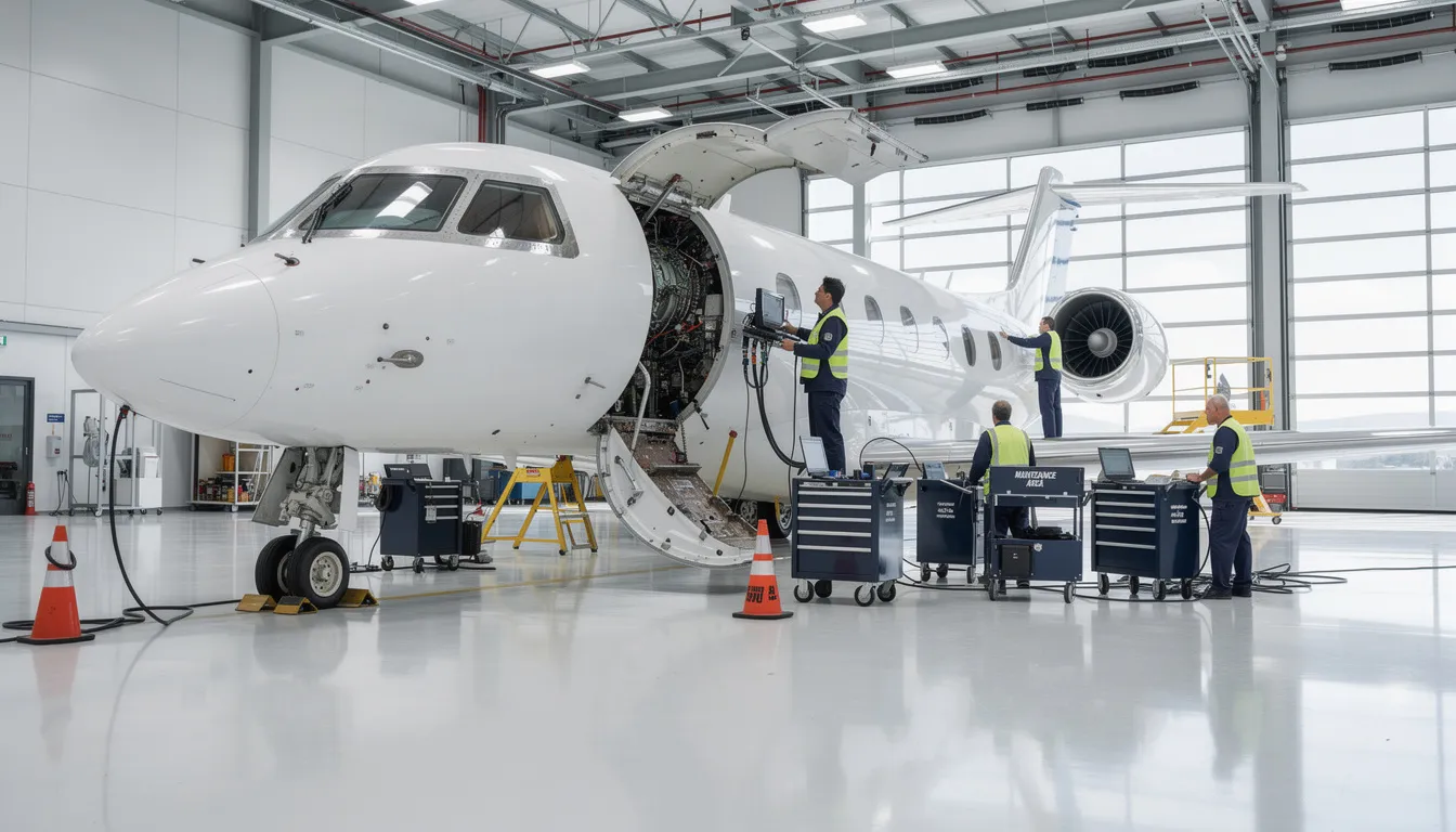 The image depicts a technician performing maintenance on a private jet, highlighting the importance of regular upkeep for aircraft ownership. This scene emphasizes the ongoing expenses and maintenance costs associated with private aviation, particularly for affordable aircraft like the Cirrus Vision Jet and other light jets.