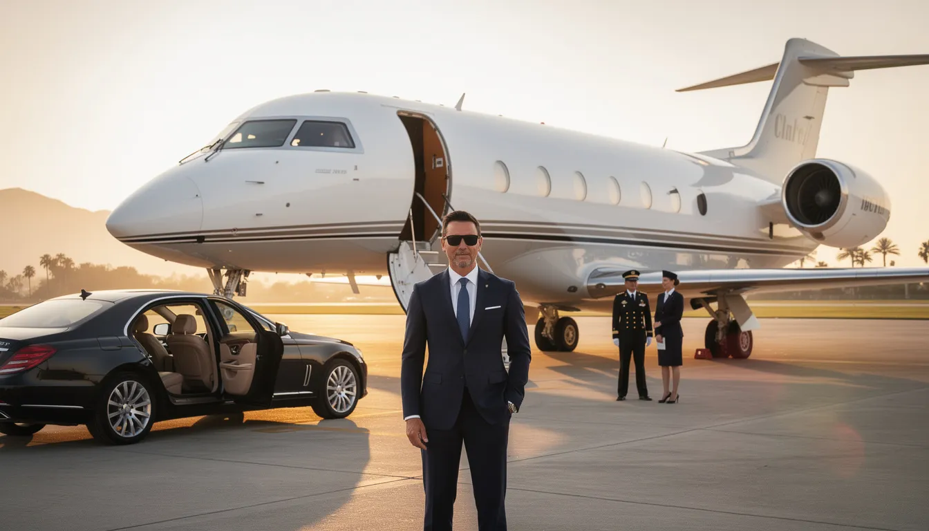 The image depicts a sleek private jet parked on a tarmac, showcasing its spacious cabin and advanced technology. This representation highlights the allure of private jet ownership, appealing to private aviation enthusiasts and those interested in economical private jets for personal or business use.