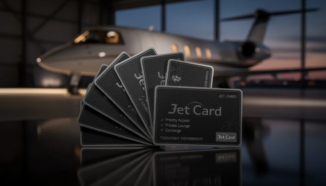 The image depicts a selection of jet cards, symbolizing the world of private aviation and affordable private jets. These cards represent various options for private jet owners, offering access to a range of aircraft, including light jets and very light jets, catering to both personal and business travel needs.