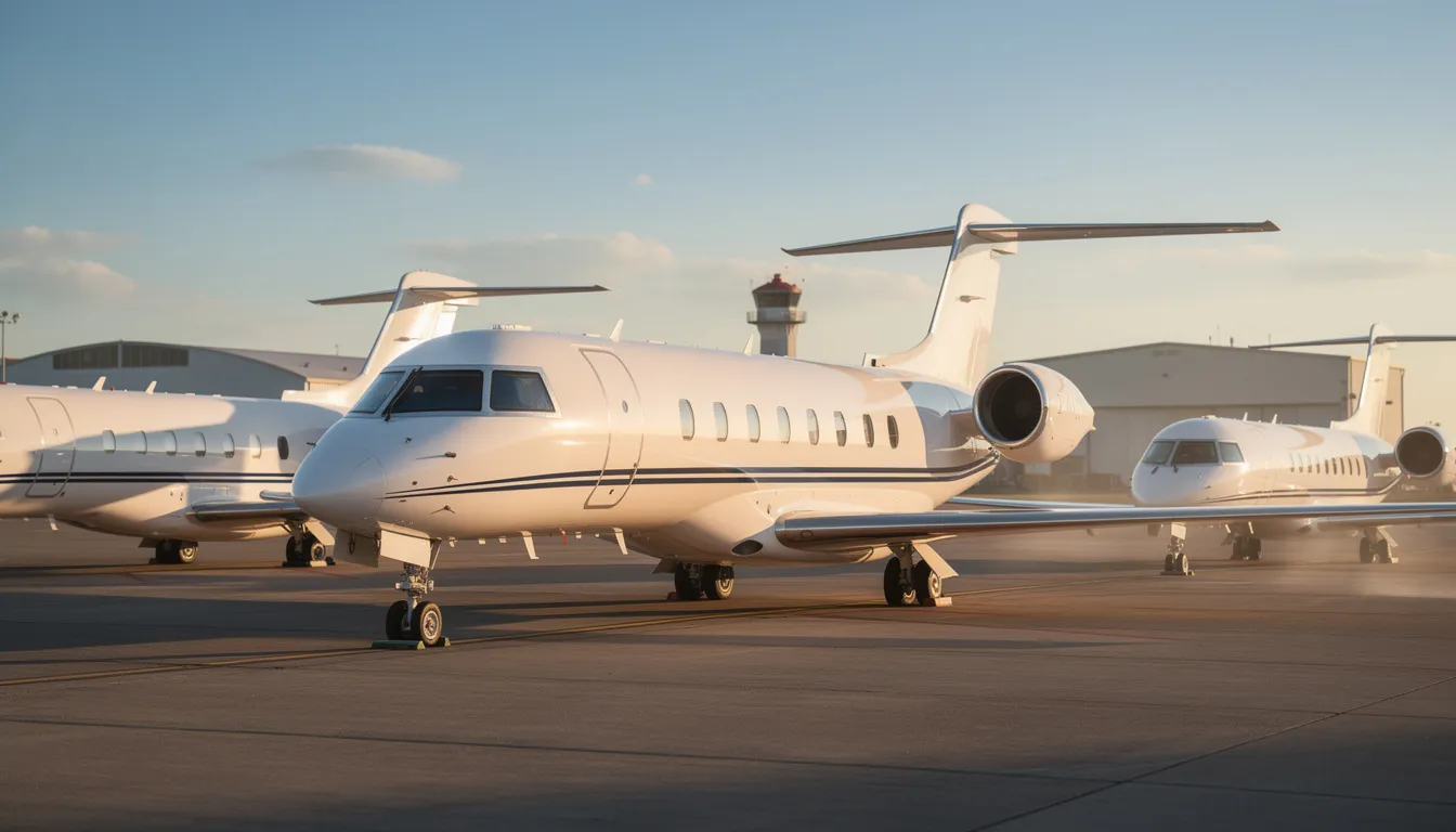 The image showcases a large cabin jet, highlighting its spacious interior designed for maximum comfort during private air travel. This business aircraft is equipped with advanced avionics, comfortable seating, and entertainment systems, making it ideal for both leisure and long-haul flights.