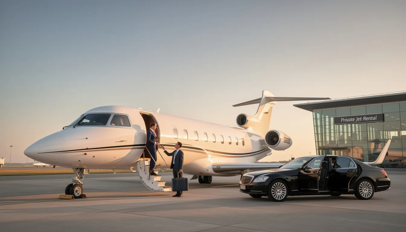 The image depicts a sleek private jet ready for rental at an airport, showcasing its spacious cabin and modern design, ideal for comfortable flights. This private jet charter offers various options, including light jets and turboprop aircraft, catering to diverse travel needs and budgets.