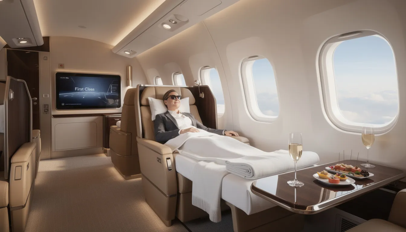 The image depicts a luxurious first class cabin on a modern airplane, featuring lie flat seats arranged for ample personal space, elegant decor, and attentive flight attendants ready to provide exceptional service. Passengers enjoy gourmet meal service and exclusive amenities, characteristic of the best first class airline experiences.