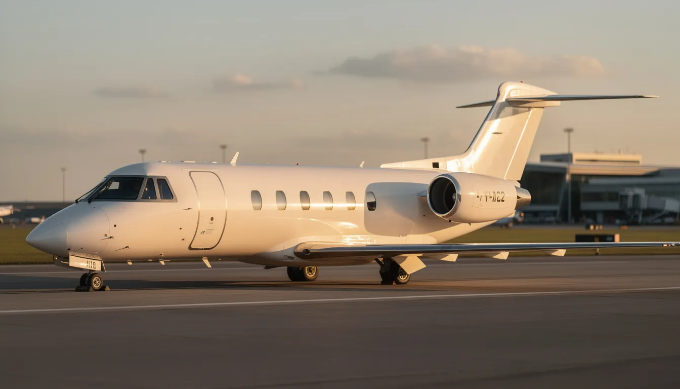 The image features a sleek Learjet 23, a pioneering model in the private jet industry, showcasing its elegant design and advanced turbofan engines. This business jet represents a significant innovation in private aviation, offering luxury and speed for private flight enthusiasts.