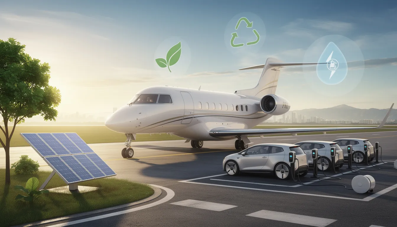 The image illustrates the concept of sustainability in private jet travel, showcasing a sleek, modern private jet equipped with advanced turbofan engines, symbolizing the evolution of the private aviation industry. This aircraft represents a blend of luxury and innovation, highlighting the growing demand for environmentally responsible options in the private jet charter market.