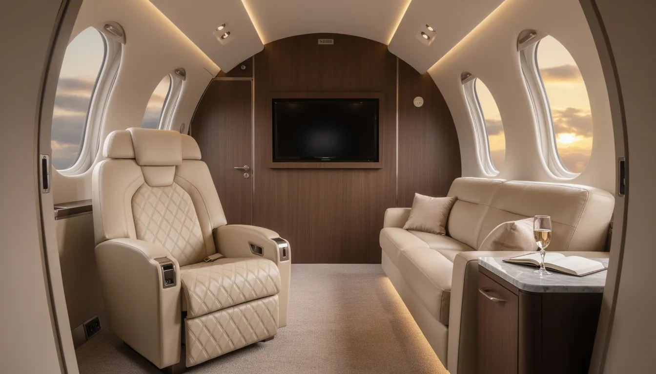 The image depicts a luxurious private jet cabin featuring spacious seating designed for an exceptional business class experience, complete with lie flat seats and elegant decor. First class passengers can enjoy premium amenities and full meal service while flying in comfort and style.