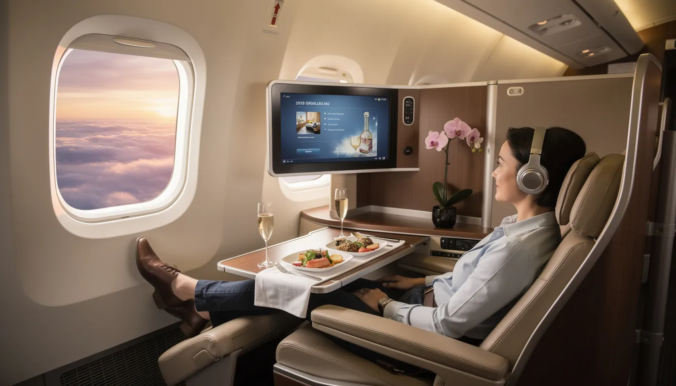 The image depicts a luxurious first class cabin on a transcontinental flight, showcasing spacious lie flat seats that offer premium comfort and privacy for first class passengers. The scene highlights attentive flight attendants providing exceptional meal service and a welcome drink, emphasizing the superior experience of flying first class.