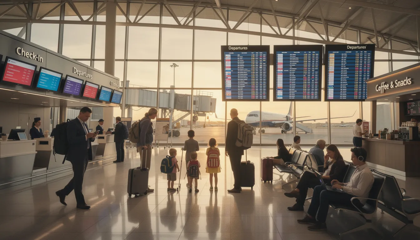 The image depicts a luxurious airport experience featuring a first class cabin with spacious lie flat seats and privacy doors for first class passengers. Attentive crew members provide impeccable service, ensuring a premium travel experience with fine dining and lounge access for those traveling on international first class flights.