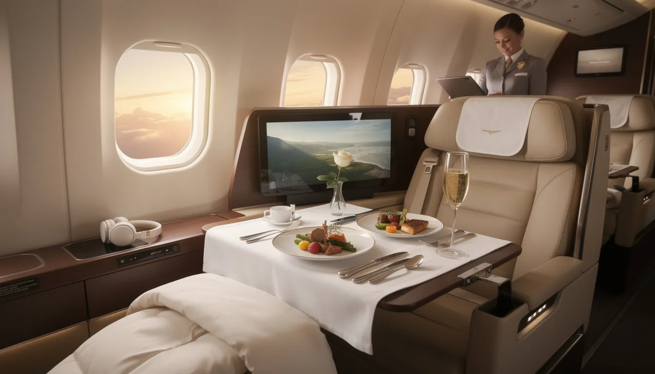 The image showcases the luxurious amenities available in a first class cabin, featuring spacious lie-flat seats, fine dining options, and attentive crew service, ensuring an exceptional travel experience for first class passengers. Additionally, it highlights exclusive features such as lounge access and priority boarding, typical of international first class flights.