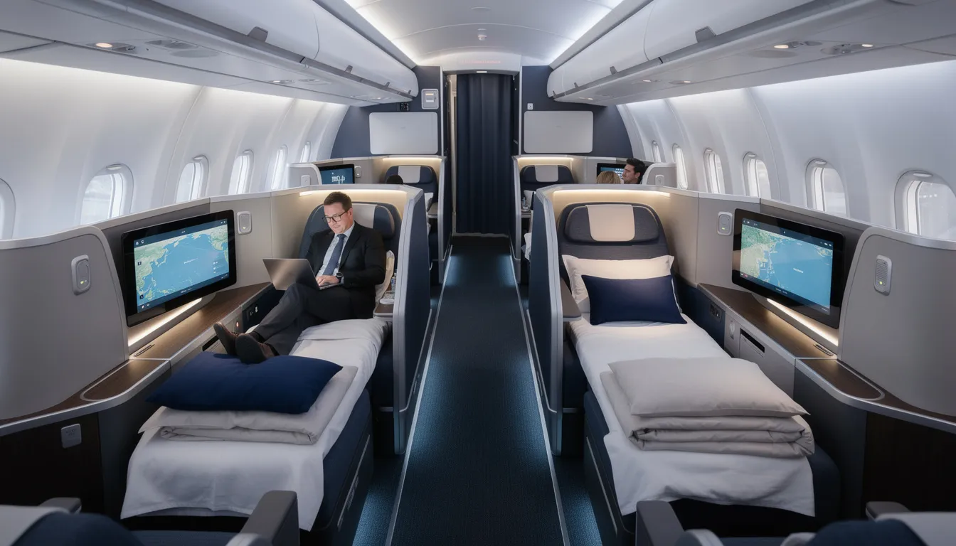 The image showcases luxurious business class flight cabins, featuring spacious lie-flat seats with direct aisle access and elegant design elements. Passengers can enjoy a premium business class experience with attentive cabin crew, in-flight entertainment, and personal space, highlighting the comfort of flying business class on top airlines such as Singapore Airlines and Qatar Airways.
