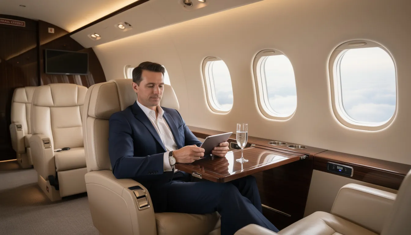 The image showcases a luxurious business class cabin featuring lie-flat seats with direct aisle access, designed for an exceptional flying experience. Passengers enjoy premium in-flight service and personal space, making it ideal for long-haul flights with airlines like Singapore Airlines and Qatar Airways.