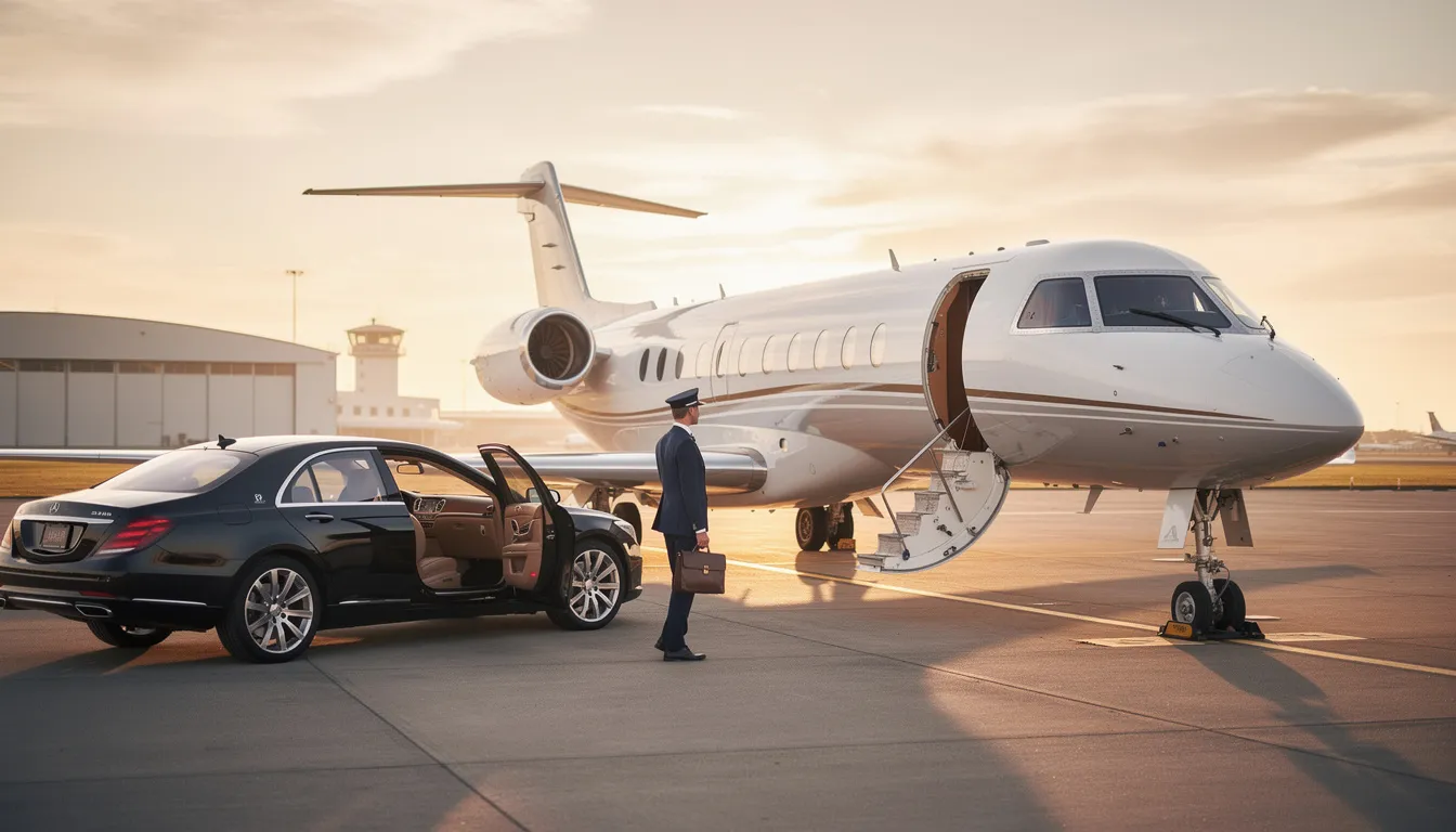 The image showcases a luxurious private jet interior, featuring spacious cabins with customizable interiors and advanced entertainment systems, designed for discerning travelers. This private aviation experience emphasizes passenger comfort and long-range capabilities, allowing jets to fly nonstop to distant cities.