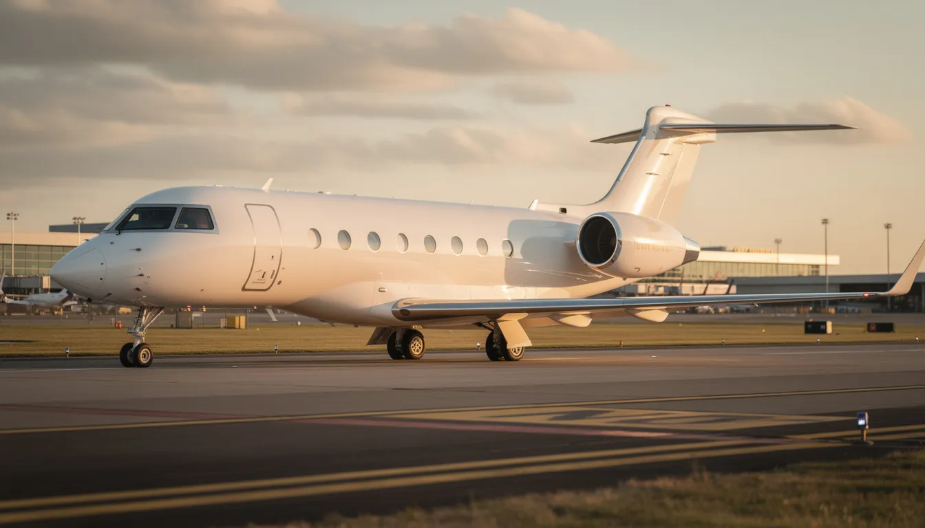 The image features a sleek Gulfstream private jet, known for its impressive range and advanced technology, designed for discerning travelers. With its luxurious interiors and spacious cabins, this aircraft exemplifies the ultimate in business aviation, offering a quiet cabin and long-range capabilities for nonstop flights to distant cities.