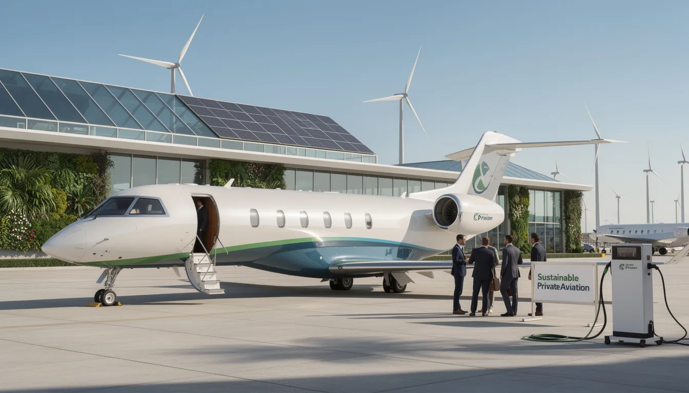 The image depicts a sleek, luxurious private jet soaring through a clear blue sky, symbolizing sustainability in private aviation. It highlights the growing trend of affordable private jets and charter flights, showcasing advanced technology that contributes to lower operating costs and a reduced environmental impact.