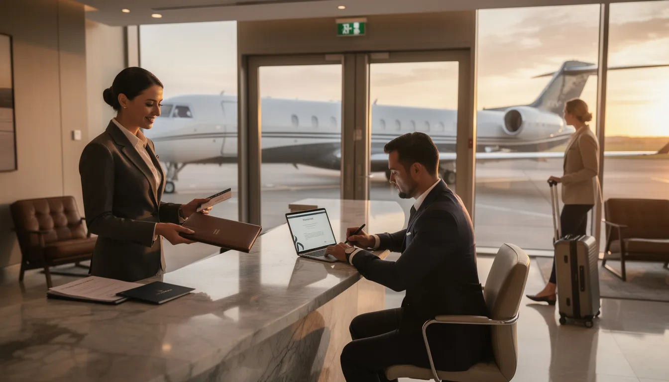 The image depicts a luxurious private jet on a tarmac, ready for boarding, showcasing its spacious cabin and sleek design. It emphasizes the convenience of private jet travel and the various options available for private jet charter, including light jets and ultra long range jets.