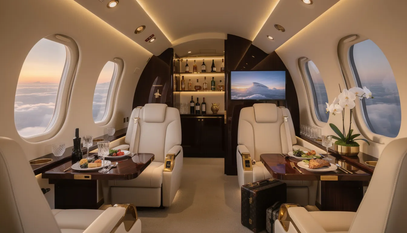 The image showcases the luxurious amenities found on a private jet, including spacious cabins, comfortable seating, and personalized service that enhance the experience of private air travel. It highlights the unparalleled convenience and comfort offered by private jet charter services, making it an appealing option for frequent travelers.