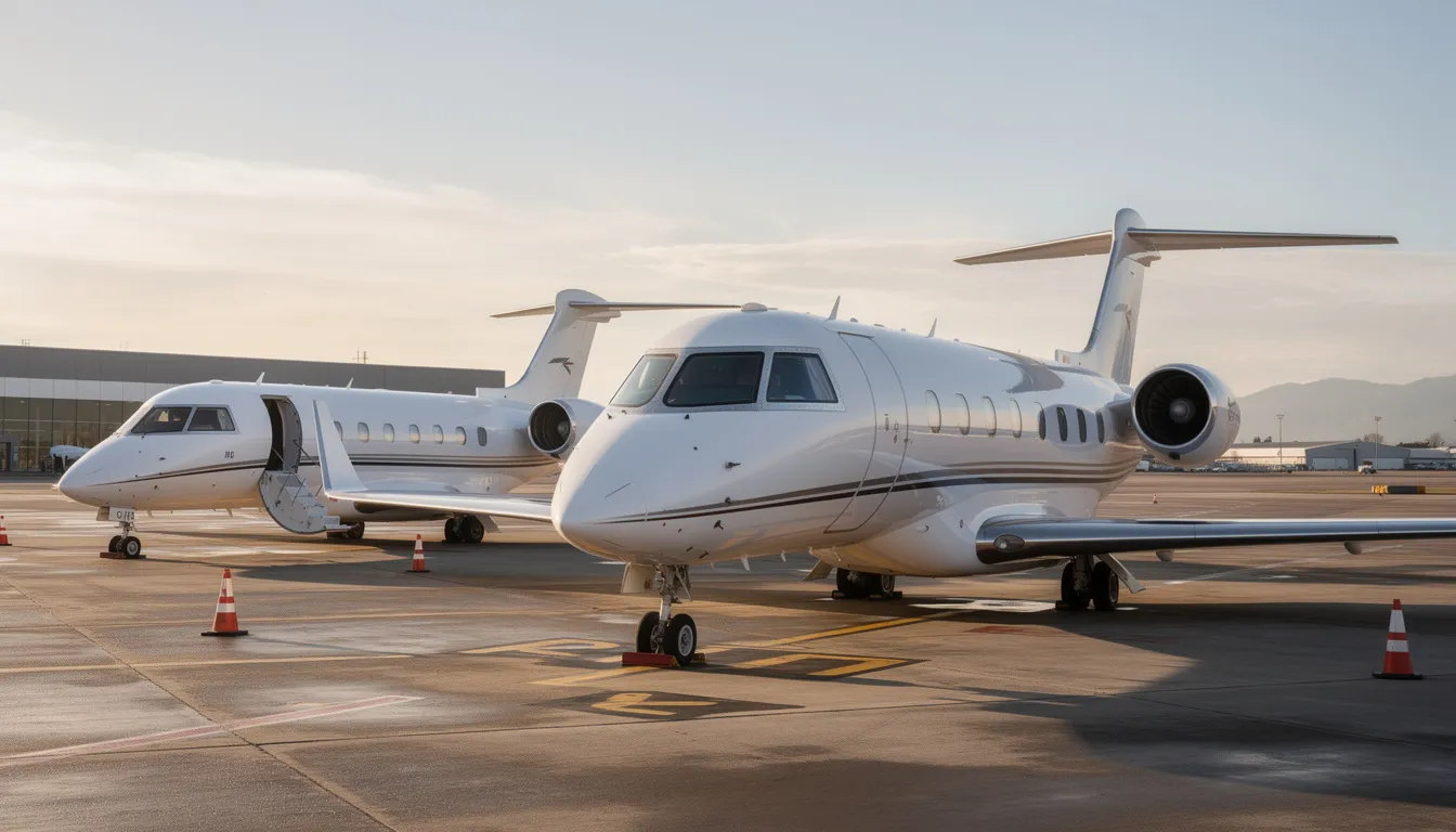The image depicts a sleek large cabin private jet parked in a spacious hangar, showcasing its luxurious design and spacious interior, ideal for business travel. This aircraft type represents a significant investment for jet owners, often involving ongoing expenses such as maintenance costs, hangar fees, and crew salaries.