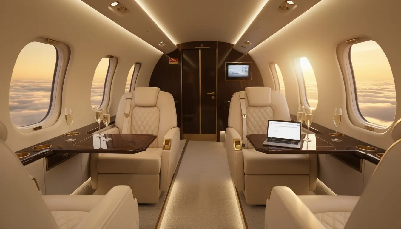 The image showcases the luxurious interior of a private jet, featuring plush seating, elegant decor, and state-of-the-art entertainment systems, emphasizing the comfort and exclusivity of private aviation. This setting highlights the appeal of private jet travel, where every detail caters to the needs of discerning travelers.