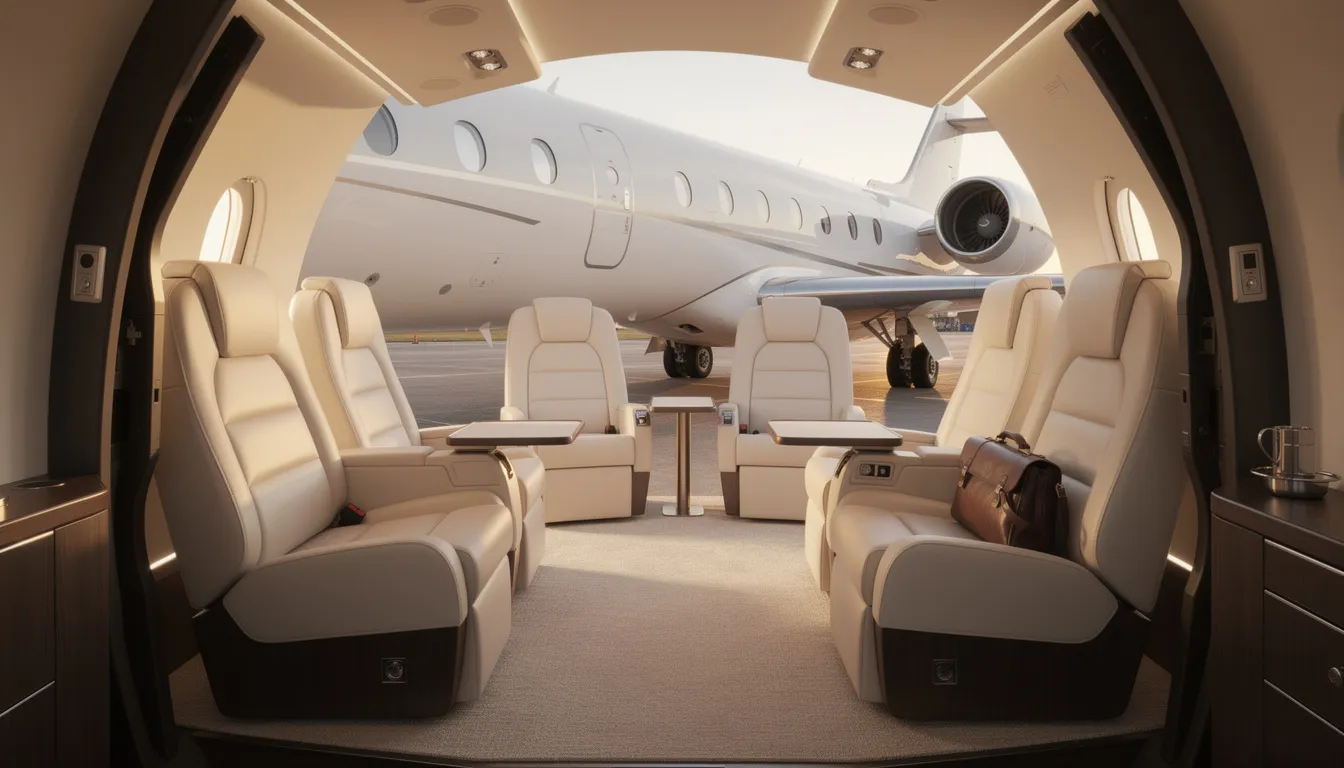 The image features a sleek 10-seater private jet parked at an airport, showcasing its modern design and spacious cabin. This private jet represents the luxury of private aviation, offering comfort for travelers seeking a premium flying experience.