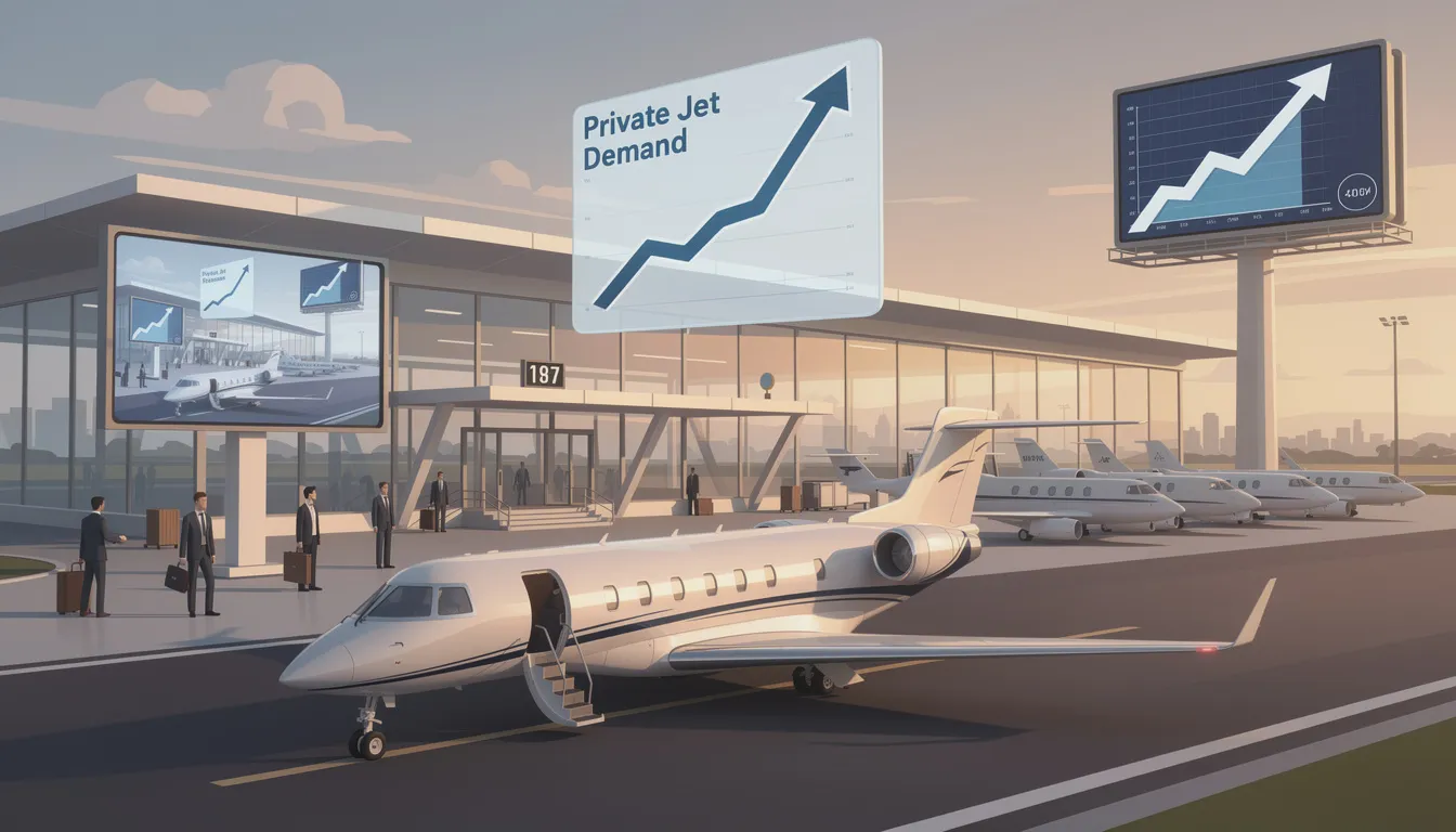 The image illustrates the rising demand for private jets, highlighting key trends in the private aviation market, such as the increasing interest from high net worth individuals and corporate flight departments. It captures the essence of luxury travel, reflecting the rapid growth and strong demand for business aviation and private jet flights in emerging markets.