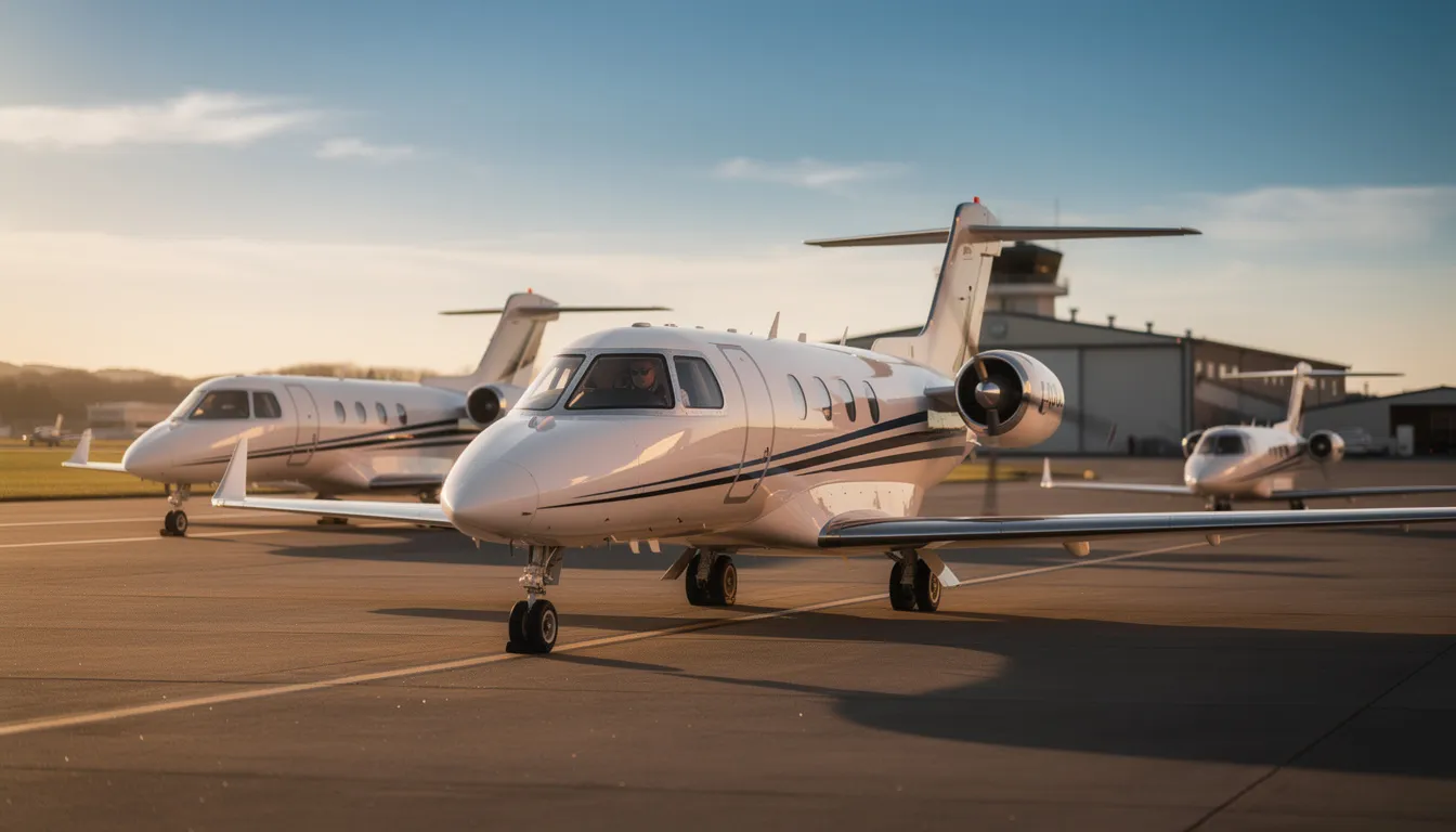 The image features a sleek light jet parked at a private airport, showcasing its streamlined design and luxurious exterior. This private jet is an ideal option for travelers seeking efficient and comfortable charter flights, with costs varying based on factors like flight distance and additional services.