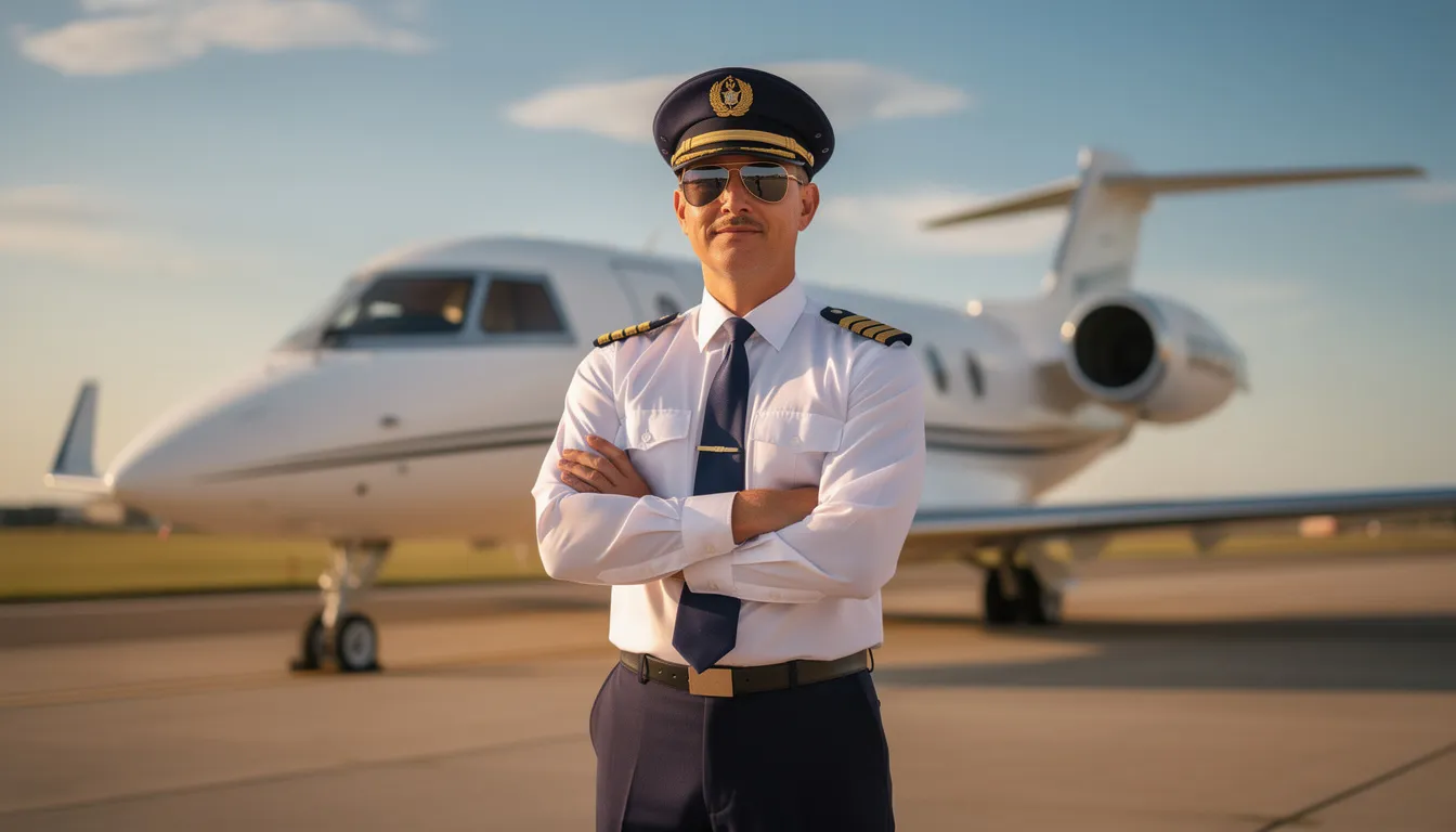 The image depicts a professional private jet pilot in uniform, standing beside a sleek private jet on the tarmac, symbolizing the private aviation industry. This scene highlights the essential role of private jet pilots in providing luxury travel experiences for private jet owners.