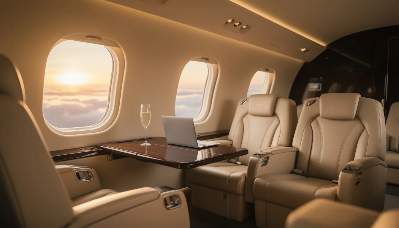 The image depicts a luxurious private jet in flight, showcasing its sleek design and spacious cabin, ideal for private aviation enthusiasts and jet owners. This private aircraft represents the benefits of owning a private jet, offering convenience for short regional flights and longer distances alike.