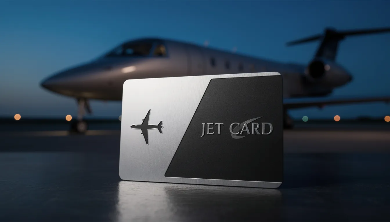 The image depicts a sleek private jet, symbolizing the concept of a jet card from Magellan Jets, which offers guaranteed aircraft availability and predictable costs for frequent flyers. It highlights the convenience of private aviation, allowing travelers to access various aircraft types, including light jets and ultra-long-range jets, with fixed hourly rates and minimal additional fees.