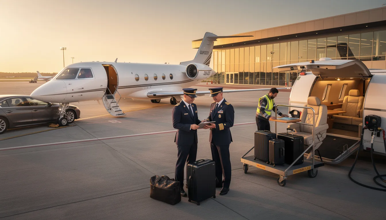 The image depicts a private jet operation scene, showcasing a sleek private aircraft, possibly a Bombardier Challenger or Cessna Citation, parked at a private terminal. Jet Linx aviation services are highlighted, emphasizing the convenience of jet card membership programs that offer guaranteed availability and fixed hourly rates for jet card members.