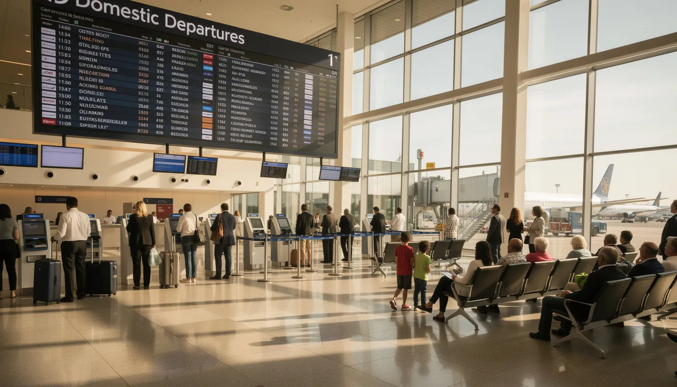 The image depicts a busy airport scene, showcasing a variety of private jets ready for domestic flights. These aircraft represent the private aviation industry, highlighting the convenience of flying private with options for reliable internet connectivity, including satellite systems and air to ground technology for in-flight Wi-Fi access.