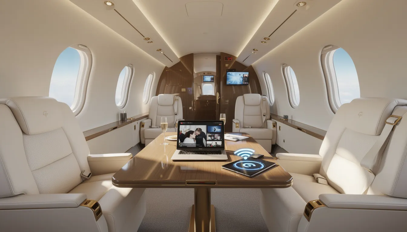 The image depicts a sleek private jet equipped with Wi-Fi capabilities, showcasing the luxurious side of the private aviation industry. Passengers inside can enjoy reliable internet connectivity, allowing them to stay connected for business or leisure during their flights.