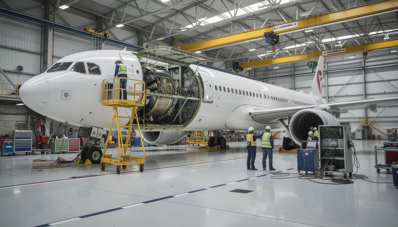 The image depicts an airliner undergoing maintenance in a hangar, showcasing various technicians working on different parts of the aircraft, including the cockpit and avionics. This maintenance process is crucial for ensuring safety and performance, while also impacting overall costs such as maintenance and insurance for aircraft owners.