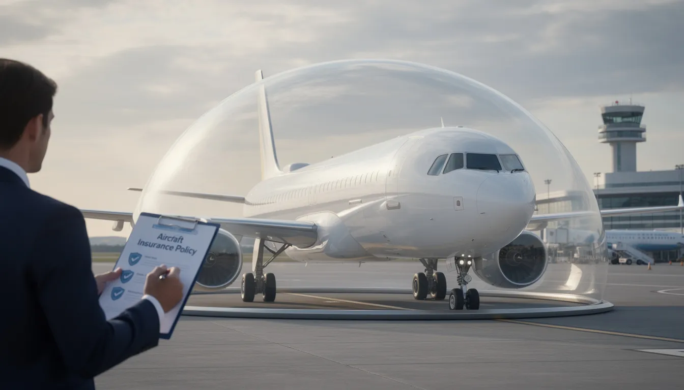 The image depicts a professional aviation insurance broker discussing tailored aircraft insurance solutions with an aircraft owner. The focus is on the importance of comprehensive coverage options that protect against potential liabilities and unexpected repair costs in the aviation industry.