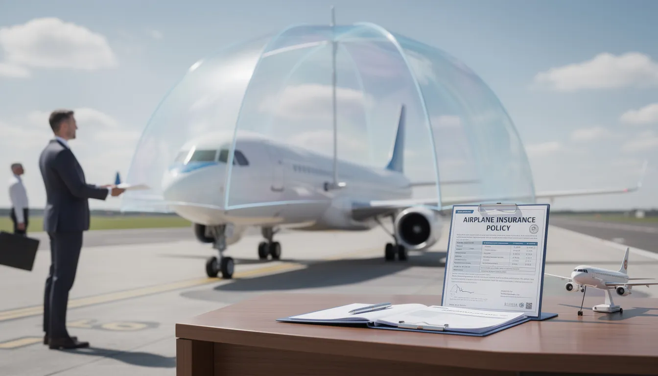 The image depicts various aircraft insurance policies, highlighting the importance of liability coverage and the factors that influence insurance premiums, such as aircraft type and pilot experience. It emphasizes that unlike car insurance, airplane insurance typically requires more extensive hull coverage and may involve higher costs depending on the aircraft's value and the insurance carrier.