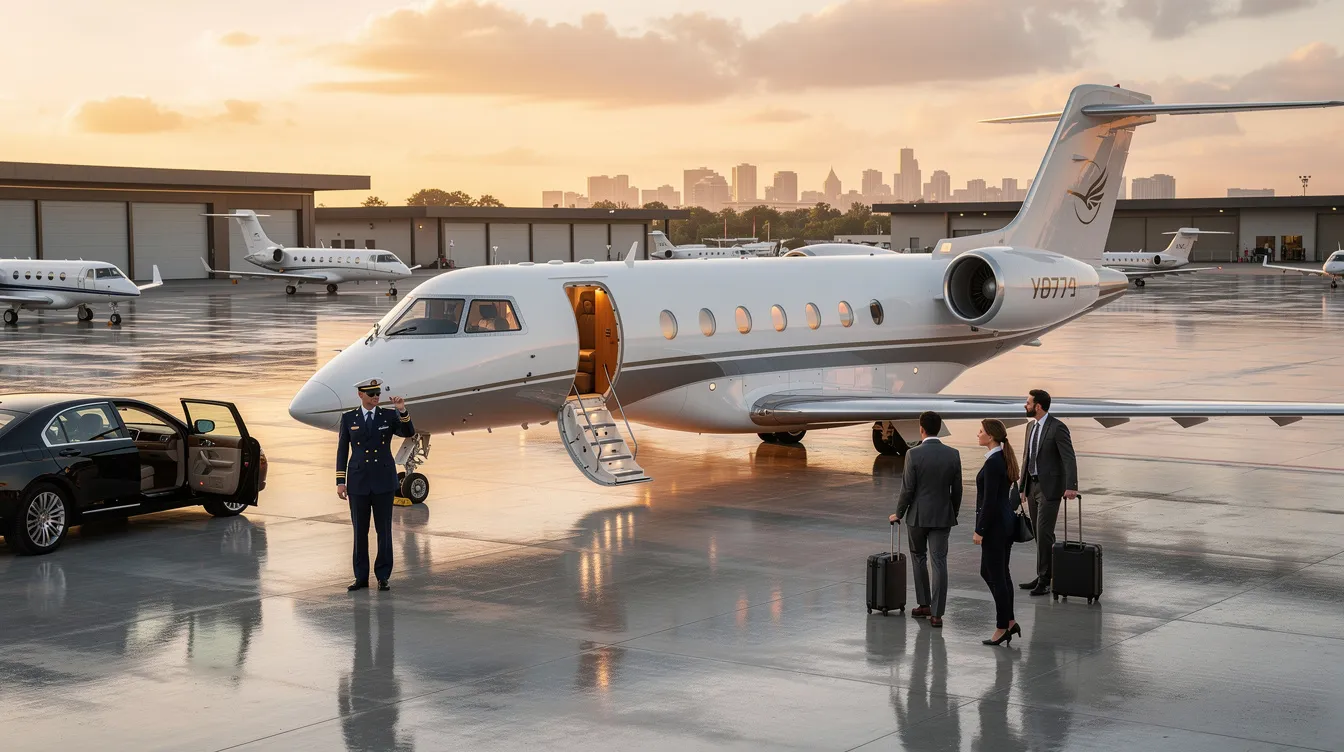 The image depicts a luxurious private jet parked at a private terminal, symbolizing the convenience and exclusivity of private aviation. This setting highlights the benefits of charter flights, where clients can avoid long security lines and enjoy a personalized travel experience.