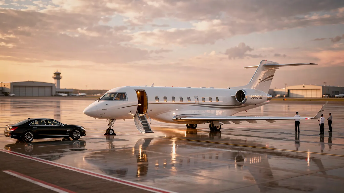 The image depicts a luxurious private jet parked at a private terminal, symbolizing the convenience and exclusivity of private aviation. This setting highlights the benefits of charter flights, where clients can avoid long security lines and enjoy a personalized travel experience.
