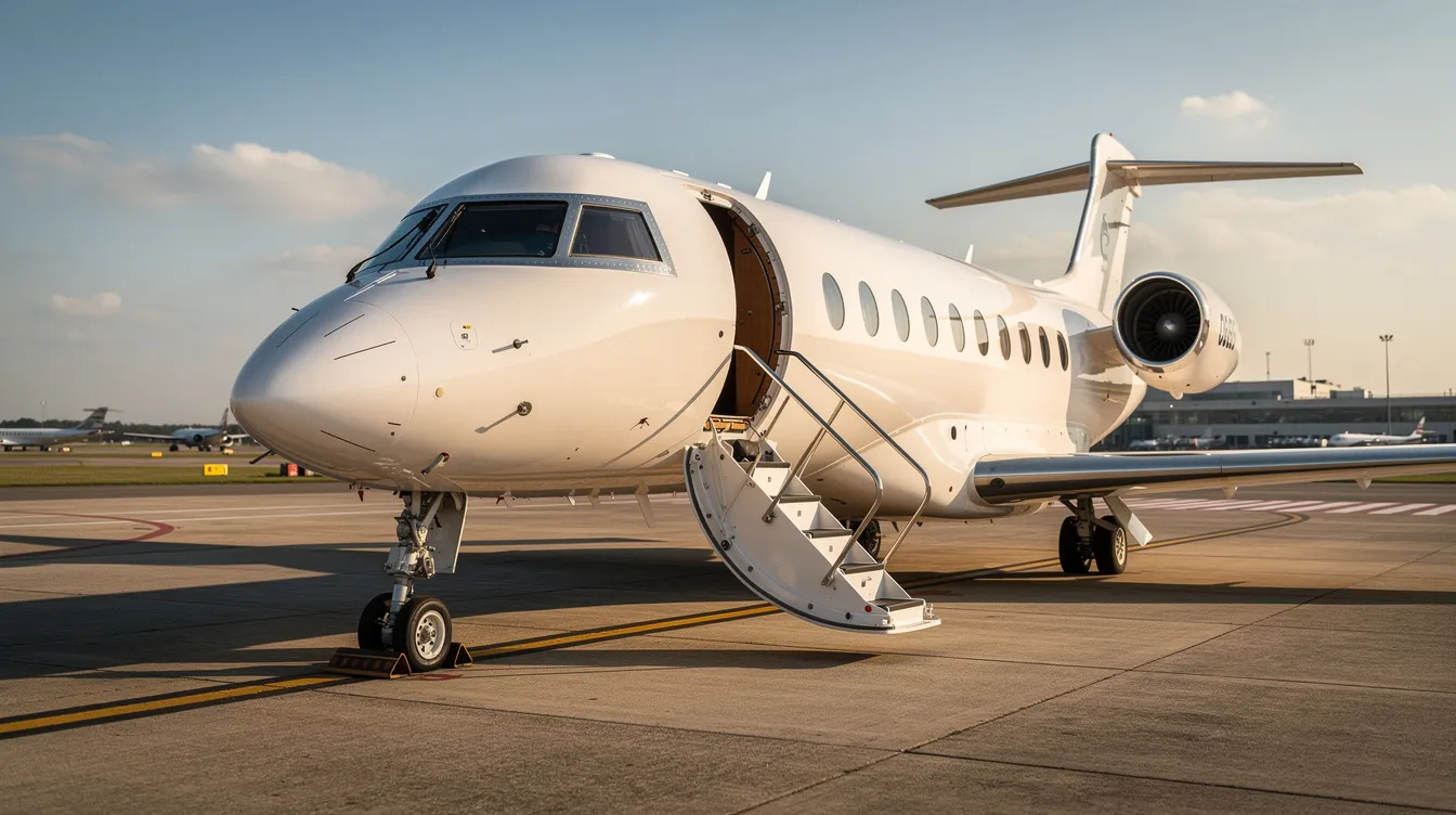 A sleek private jet is parked on the airport tarmac, with its boarding stairs extended, ready to welcome passengers for their journey. This image represents the high standards of private jet services and customized aviation solutions offered to global clients.