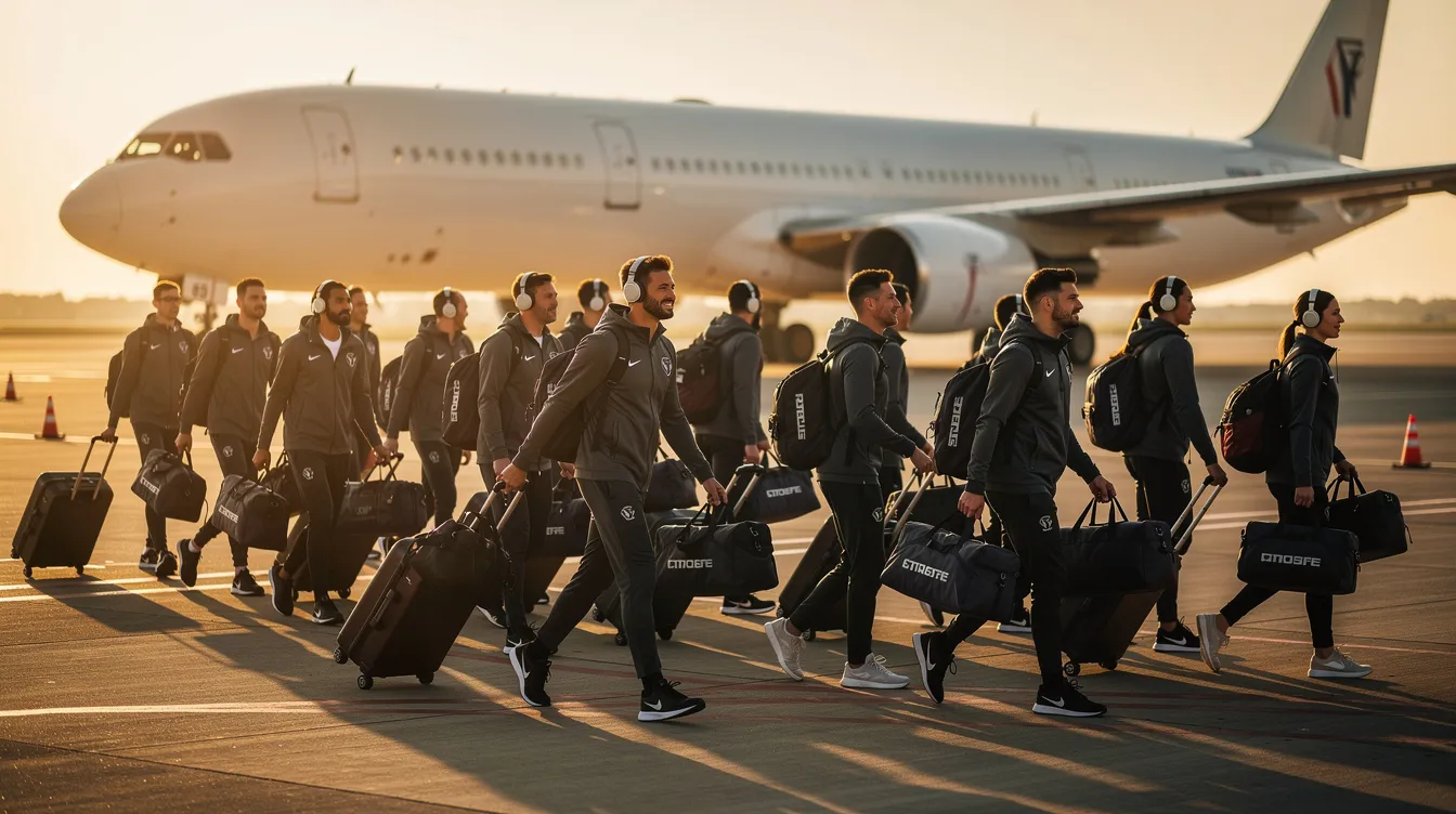 A professional sports team is seen walking towards a private jet parked on the tarmac, showcasing the importance of private jet services for air travel logistics in the sports industry. The scene highlights the dedication of the aviation group in facilitating transportation for large groups, emphasizing their role in supporting live entertainment tours and corporate travel.