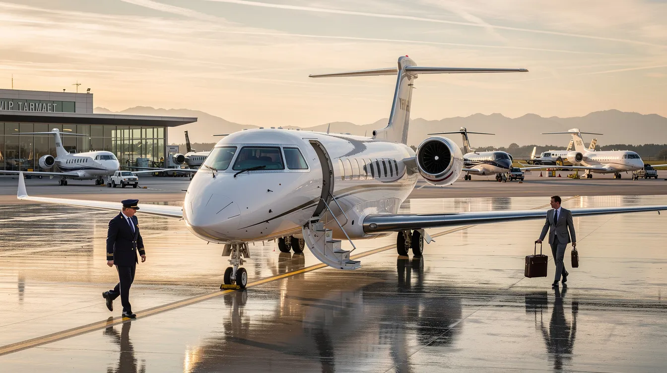 The image showcases a sleek private jet parked at a smaller airport, highlighting the luxury of private aviation. With spacious cabins designed for comfort, this private aircraft is ideal for transporting small groups and offers amenities like onboard Wi-Fi and enclosed lavatories.