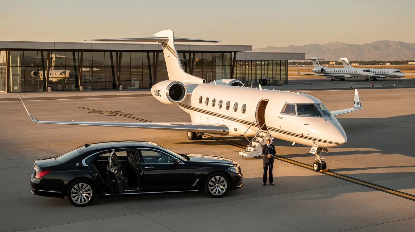 The image showcases a sleek private jet parked at a smaller airport, highlighting the luxury of private aviation. With spacious cabins designed for comfort, this private aircraft is ideal for transporting small groups and offers amenities like onboard Wi-Fi and enclosed lavatories.