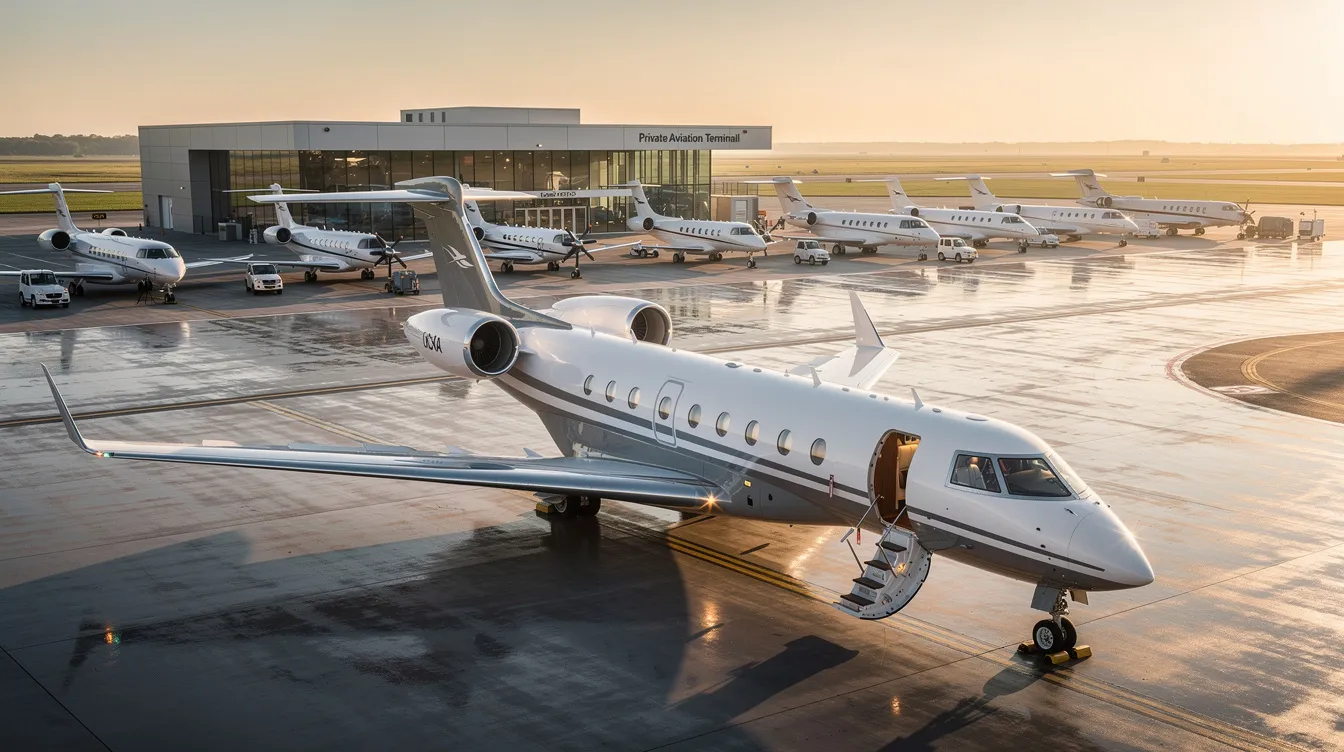 The image depicts a sleek private jet parked at a private terminal, showcasing the luxurious interiors and personalized amenities available for passengers. This scene highlights the significant advantages of private aviation, such as saving valuable time and flying directly to remote locations, away from crowded airports and commercial flights.