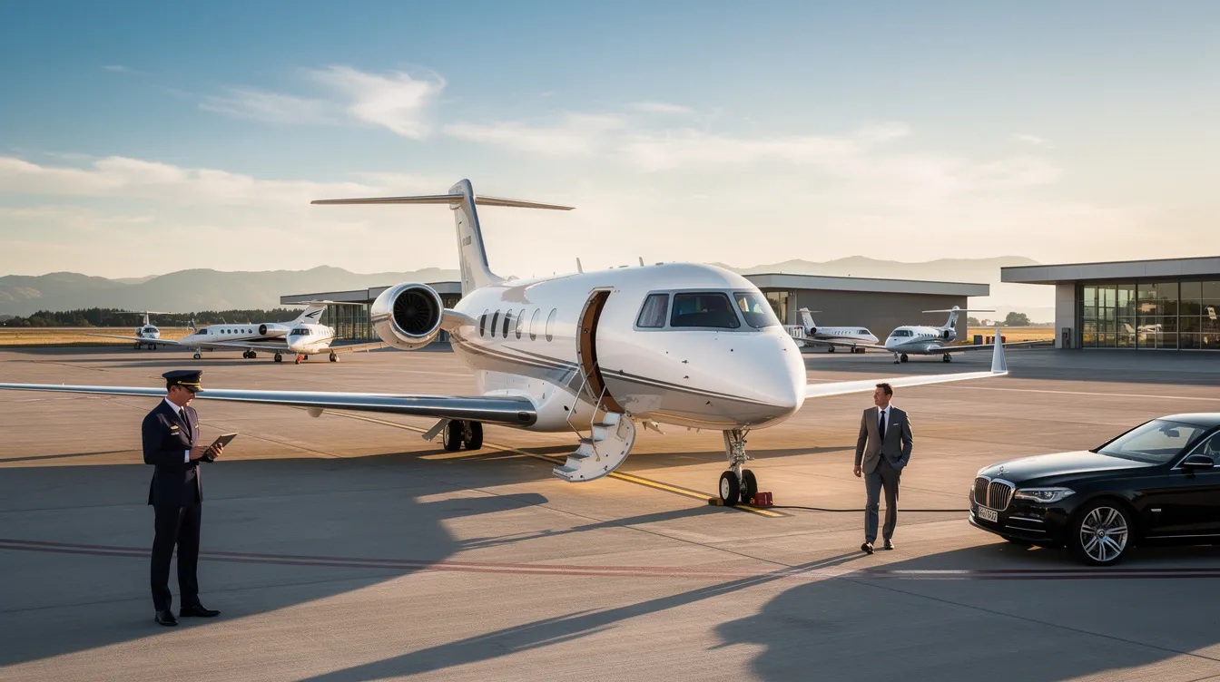 The image showcases a sleek private jet parked on a tarmac, symbolizing luxury and efficient travel. The aircraft's bold design reflects high quality, inviting viewers to explore the comfort and prime service associated with private aviation.