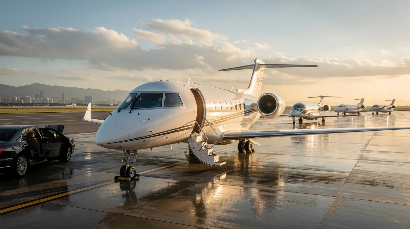 The image showcases a sleek private jet parked on a tarmac, symbolizing luxury and efficient travel. The aircraft's bold design reflects high quality, inviting viewers to explore the comfort and prime service associated with private aviation.