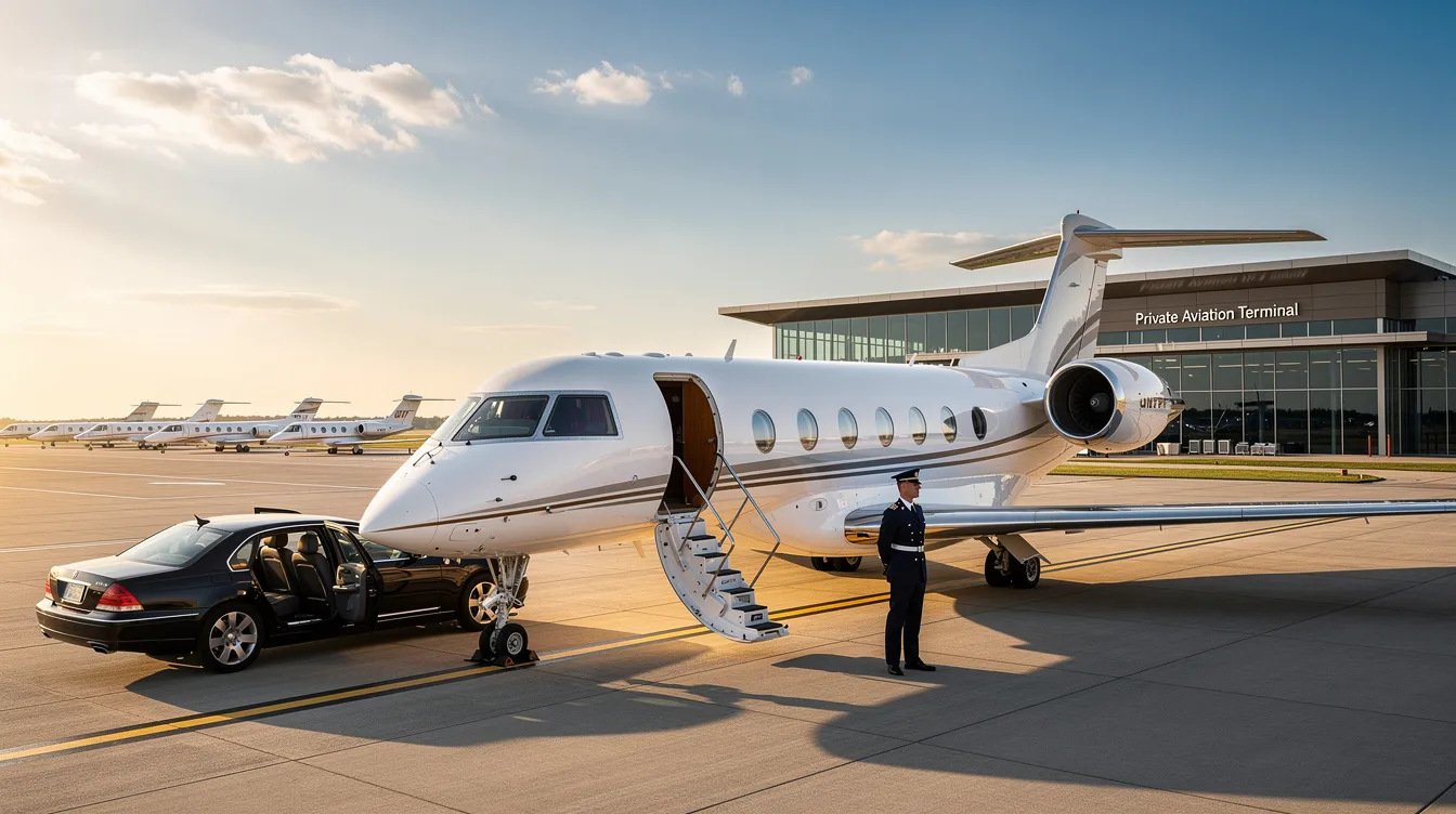 The image depicts a private jet preparing for takeoff at a smaller airport, where private jet travelers are seen going through customs procedures with customs officers. This scene highlights the personalized services and efficiency of private aviation, allowing passengers to save time compared to commercial flights.