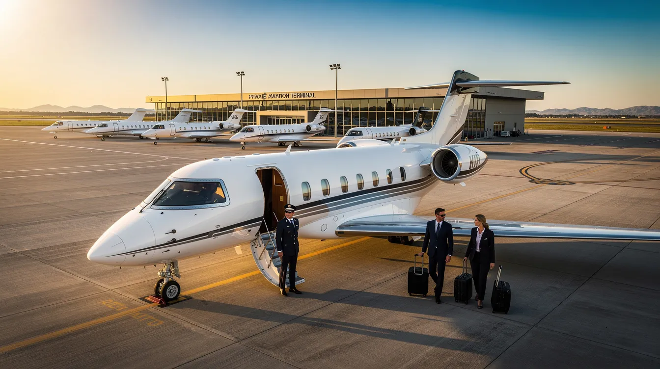 The image depicts a private jet preparing for takeoff at a smaller airport, where private jet travelers are seen going through customs procedures with customs officers. This scene highlights the personalized services and efficiency of private aviation, allowing passengers to save time compared to commercial flights.